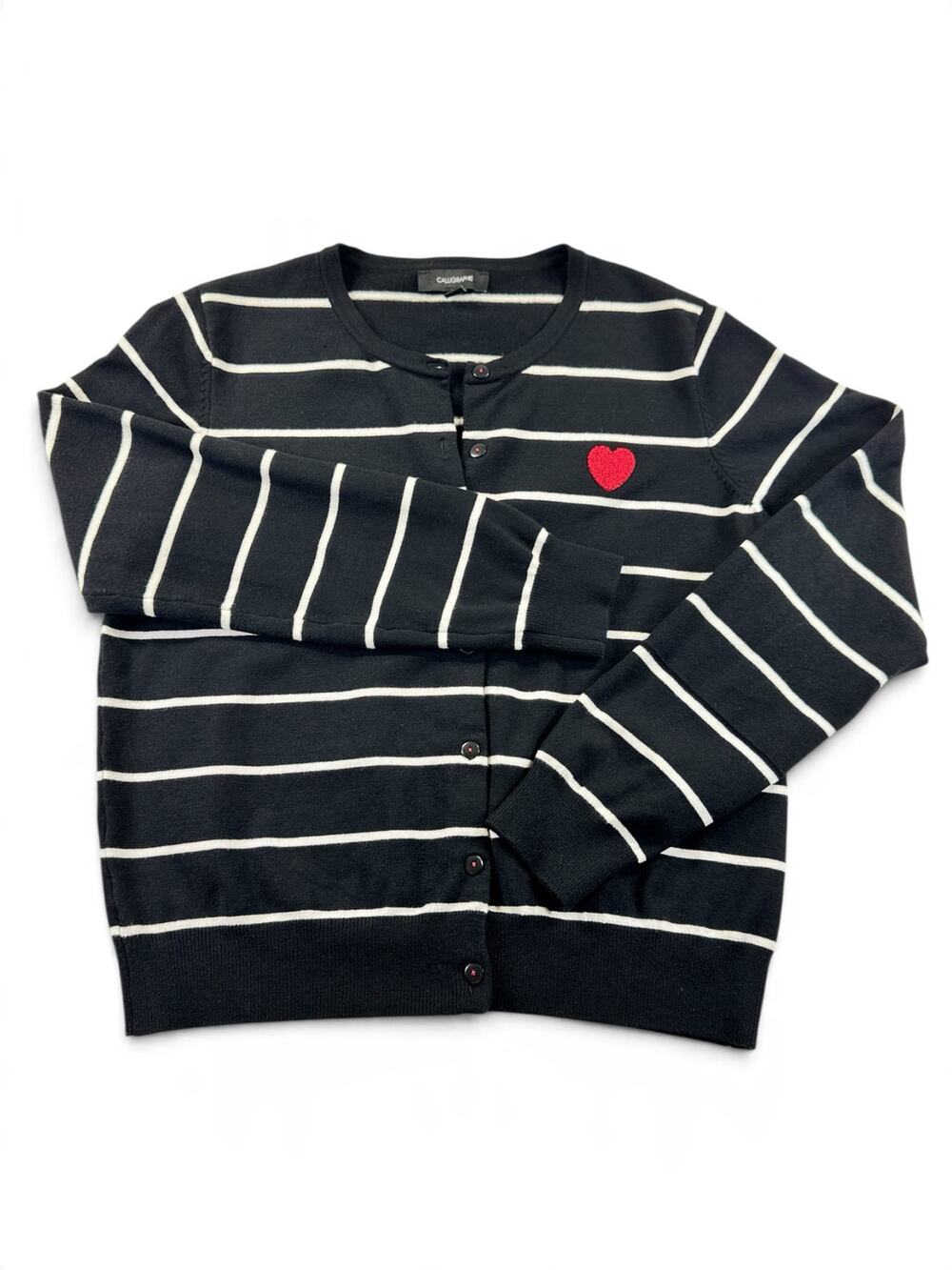 Calligraphie Preppy Striped Cardigan with Red Embroidered Heart - Size Large
